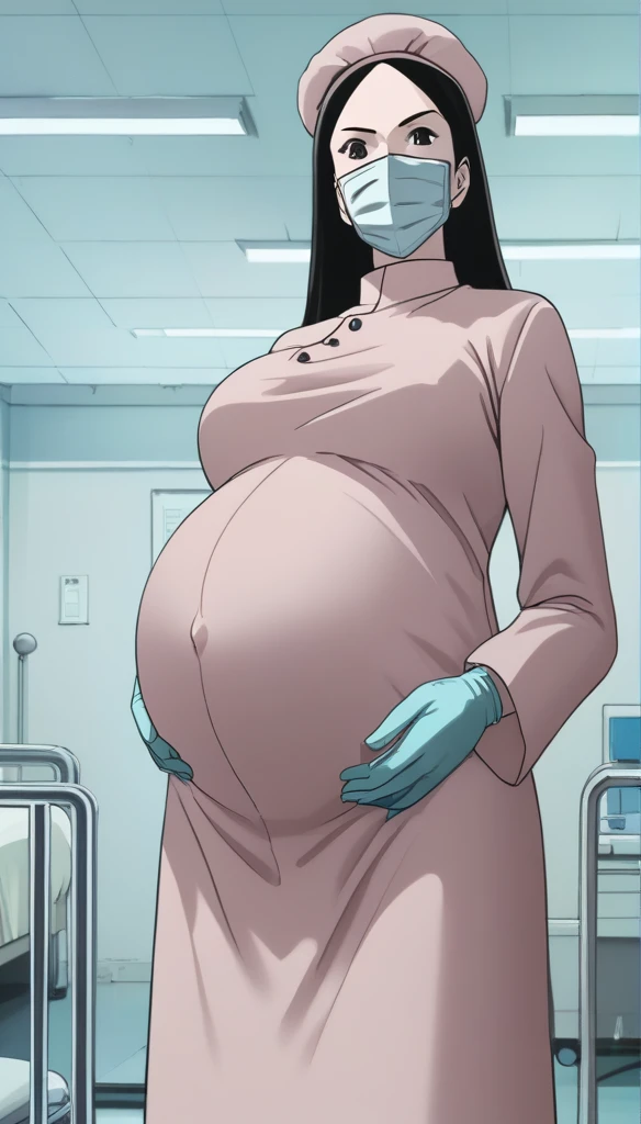 score_9, score_8_up, score_7_up, source_anime, raw image, masterpiece, highest quality, kasuganoray, pale skin, fierce eyes, long black hair, big breasts, scrubs, surgical mask, bouffant cap, long sleeve maternity dress, put on another long sleeved coat, seamless, navel head, the dress isn't wrinkled, long white stockings,
1girl, pregnant, solo, long rubber gloves, looking down, look at viewer, furrowed brow, hospital bed, light shines from the ceiling, standing, patient room background, she is inquiring about the patient's condition