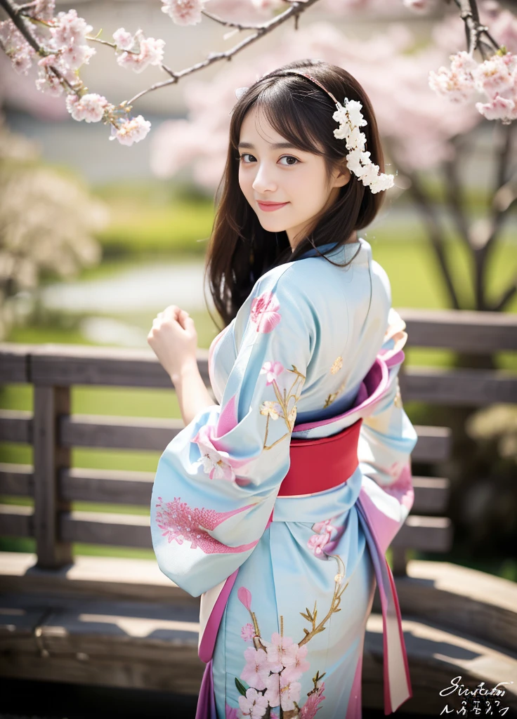 24year old beautiful girl、Beauty、Japanese、cute、beautiful girl、slim、Highest quality、Realistic、16K、panoramic、((Best Quality, 8k, Masterpiece: 1.3)), 1 girl, full body, slim face, beautiful woman, (A girl in a colorful kimono), (Traditional Japanese Clothing),(Elegantly detailed fabric design), (Flowing Pattern),(Geisha style makeup), (Intricate embroidery),(Cherry blossoms in the background),(Serene atmosphere),(Vibrant colors),(Soft natural light),(Highest quality, High resolution), (Traditional Japanese art style),(pastel color palette),(subtle gradients), (Fine brushwork),(Beautifully constructed),(delicate accessories),(Subtle folds and pleats),(Graceful posture),(Cute Smile),(Subtle eye makeup),(Elegant hairstyle),(Authentic cultural expression)、Back view、Full body