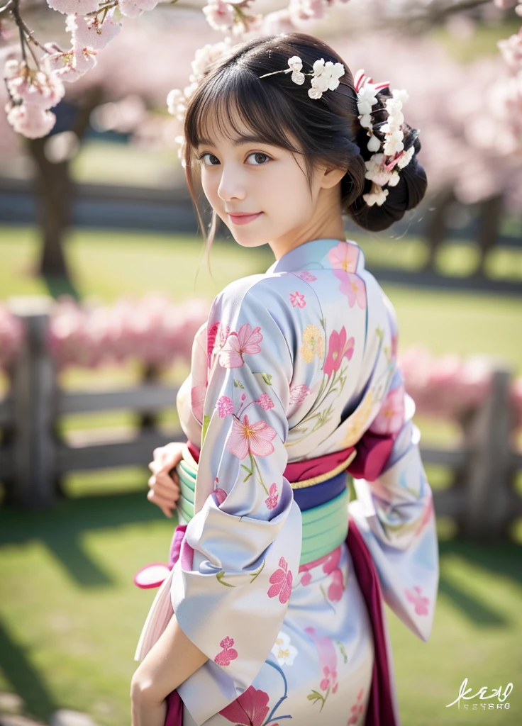 24year old beautiful girl、Beauty、Japanese、cute、beautiful girl、slim、Highest quality、Realistic、16K、panoramic、((Best Quality, 8k, Masterpiece: 1.3)), 1 girl, full body, slim face, beautiful woman, (A girl in a colorful kimono), (Traditional Japanese Clothing),(Elegantly detailed fabric design), (Flowing Pattern),(Geisha style makeup), (Intricate embroidery),(Cherry blossoms in the background),(Serene atmosphere),(Vibrant colors),(Soft natural light),(Highest quality, High resolution), (Traditional Japanese art style),(pastel color palette),(subtle gradients), (Fine brushwork),(Beautifully constructed),(delicate accessories),(Subtle folds and pleats),(Graceful posture),(Cute Smile),(Subtle eye makeup),(Elegant hairstyle),(Authentic cultural expression)、Back view、Full body