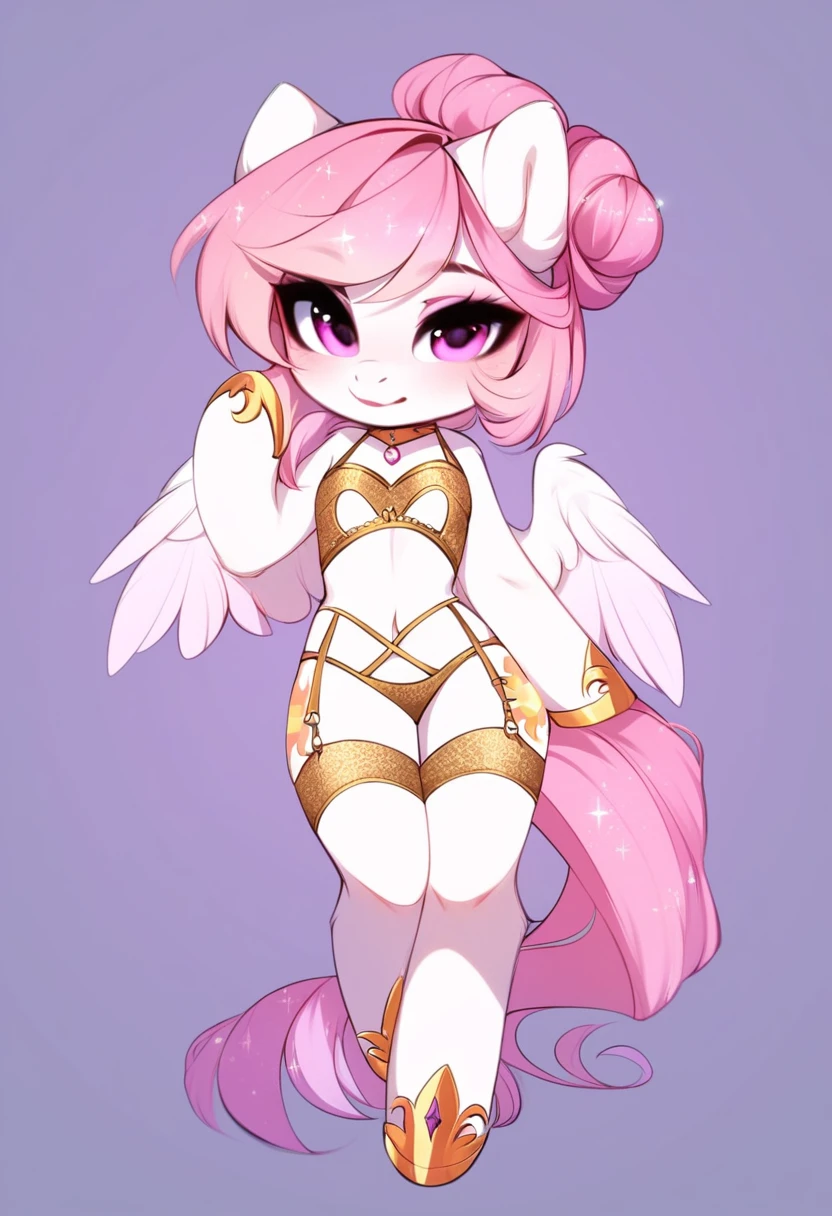 check_9, check_8_up, check_7_up, source_fluffy, rating_safe, from Magnaluna, Celestia poses seductively in a white bedroom, hair bun with bangs, pink eyes, white body, anthro, blushing, wearing goldern lingerie, full body