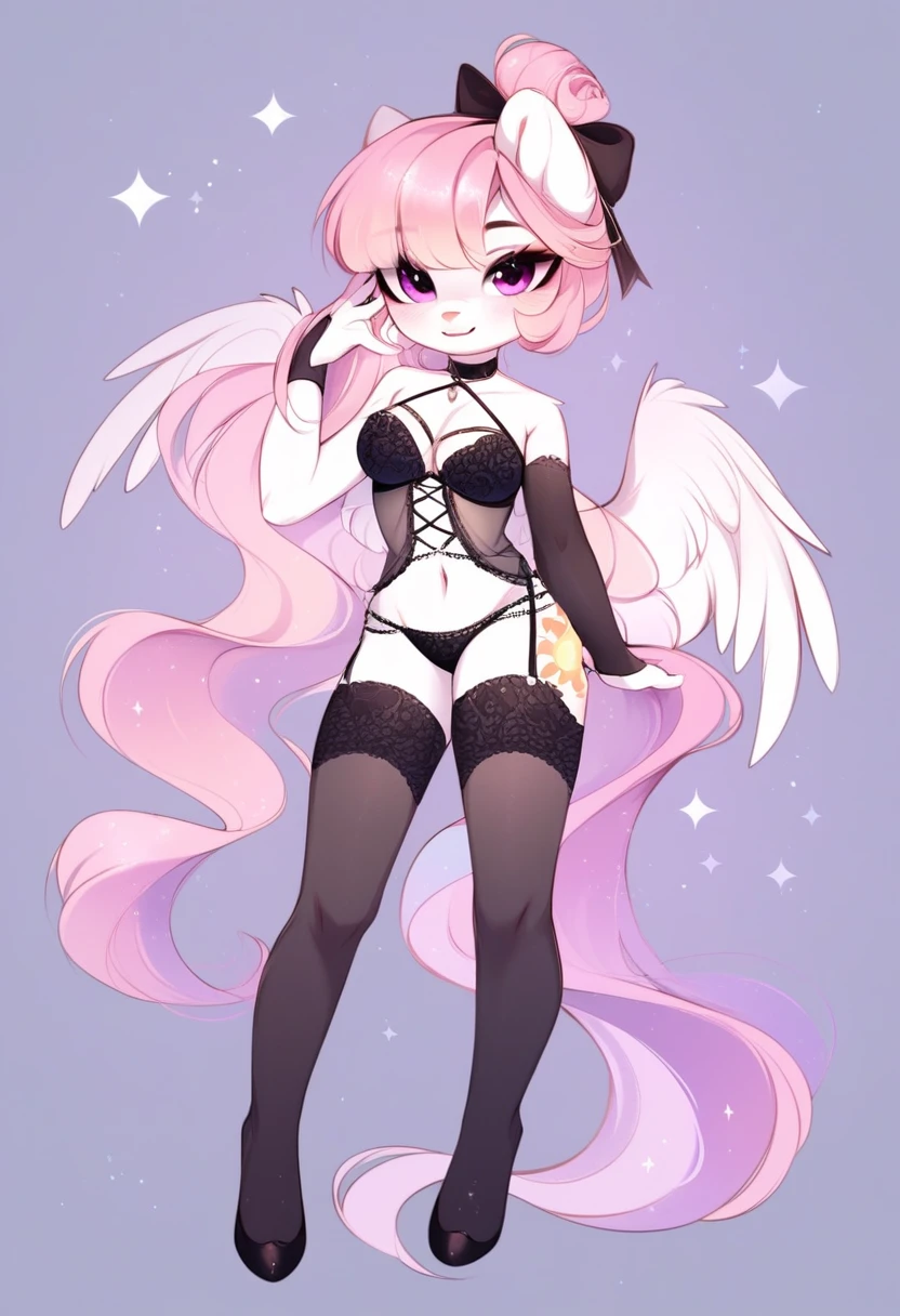 check_9, check_8_up, check_7_up, source_fluffy, rating_safe, from Magnaluna, Celestia poses seductively in a white bedroom, hair bun with bangs, pink eyes, white body, anthro, blushing, wearing goldern lingerie, full body