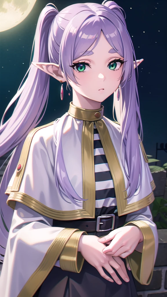 BREAK looking at viewer, BREAK (masterpiece:1.2), best quality, high resolution, unity 8k wallpaper, (illustration:0.8), (beautiful detailed eyes:1.6), extremely detailed face, perfect lighting, extremely detailed CG, (perfect hands, perfect anatomy),castle,tower,outdoor,night,starfall, moon,stars,wet road,green hair, side ponytail, (purple eyes:1.1),frieren, long hair, twintails, (green eyes:1.5), grey hair, pointy ears, elf,shirt, long sleeves, jewelry, pantyhose, earrings, striped, black pantyhose, capelet, striped shirt