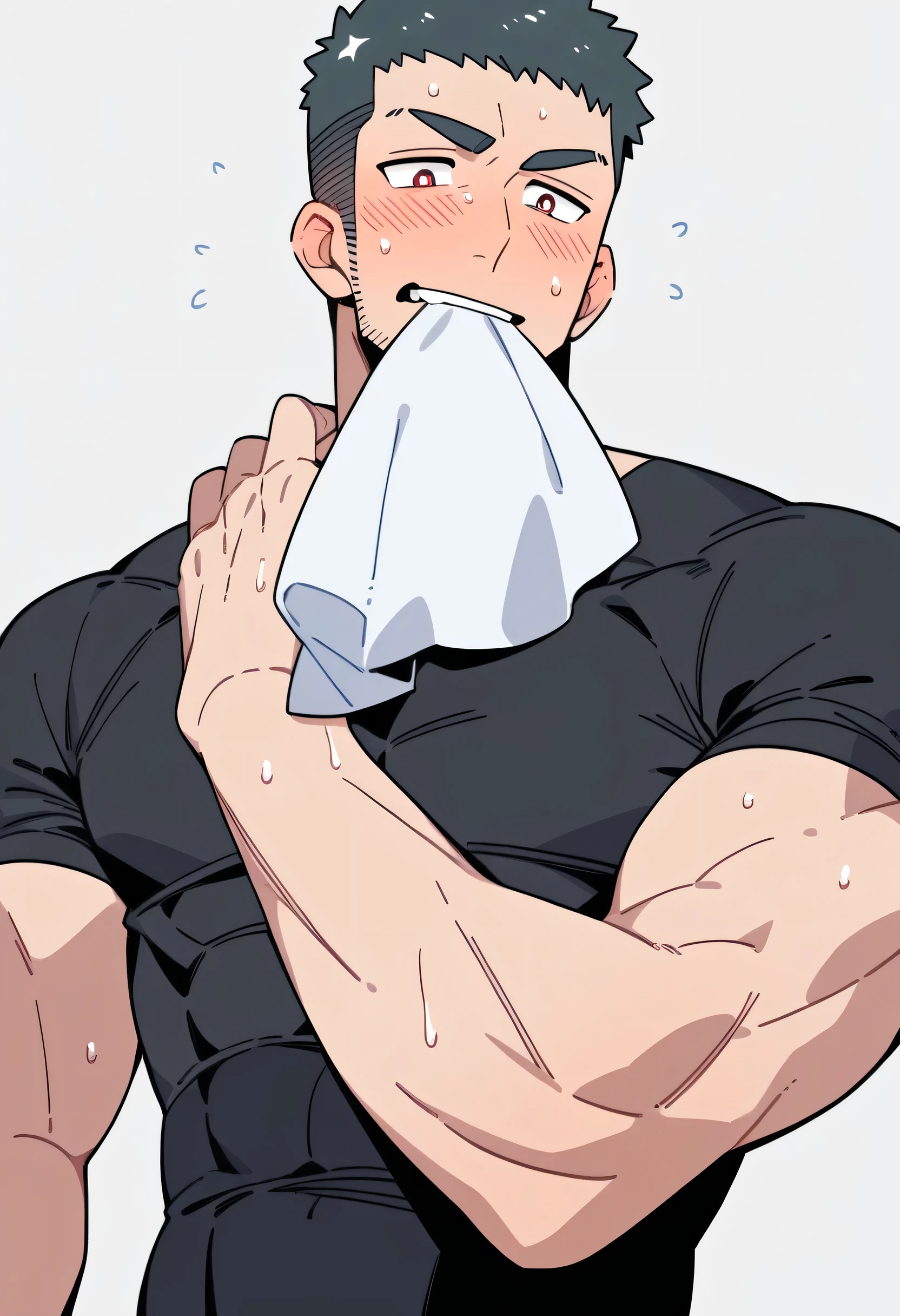 anime characters：Priapus, Muscle Sports Student, Manliness, male focus, Dark black tight T-shirt, Very tight, Sweat soaks clothes, full and perky chest muscles, muscular male, muscular, only, Upper body, Perfect muscular waist, alone, Black short hair, Thick eyebrows, stubble, Brown-red pupils, White background, simple background, amazing quality, best aesthetics, Ridiculous, crew cut, blush, mouth hold, Biting a white cotton towel in the mouth, embarrassed, shy, endured face, negative space, best quality