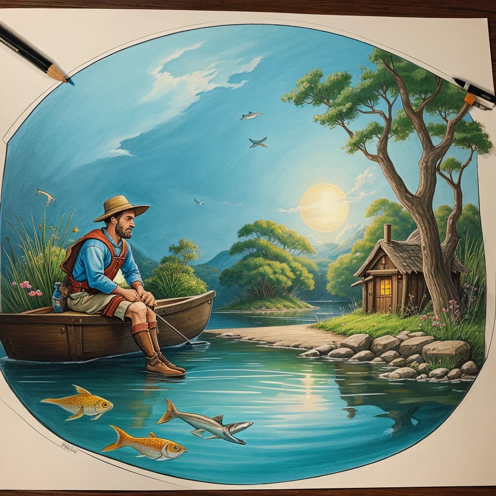 Draw an illustration for the fairy tale about the fisherman and the fish.