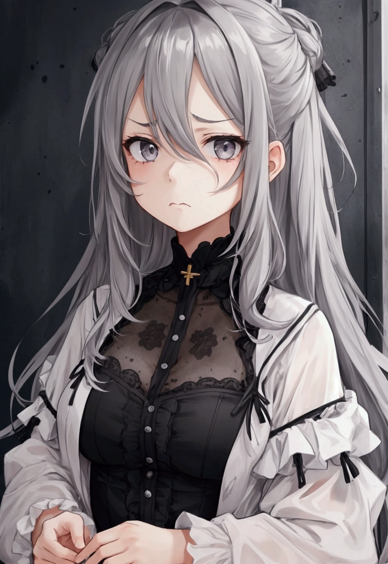 1girl, grumpy expression, looks tired, messy long-grey hair, black-colored eyes