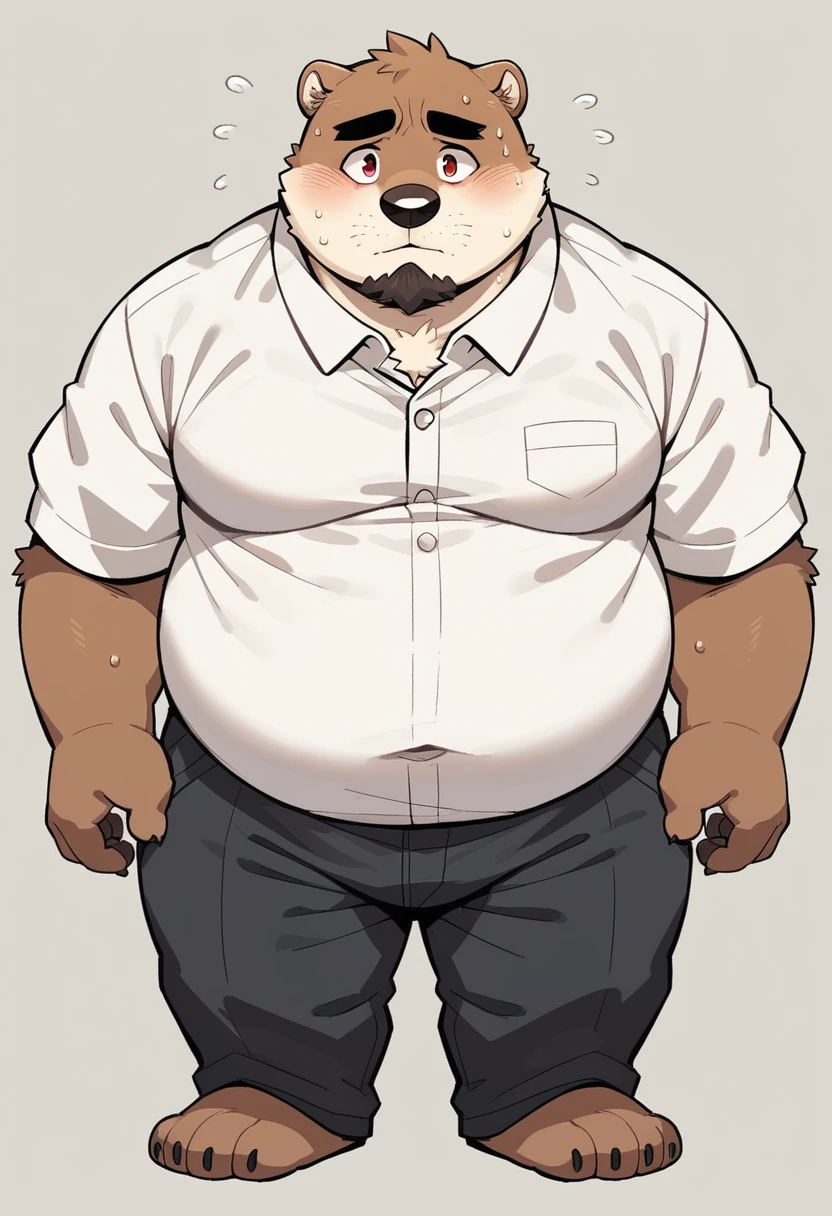 New Jersey 5 Furry,(otters)，Solitary，Wildlife，Chubby body，Round belly，Thick Arms，luxurious，Chubby cheeks，beard，Mature，Black eyebrows，Red Eyes，Shy expression，（White shirt，Black pants），（Simple background），（Sweat）,From Zixiong, Takemoto Arashi