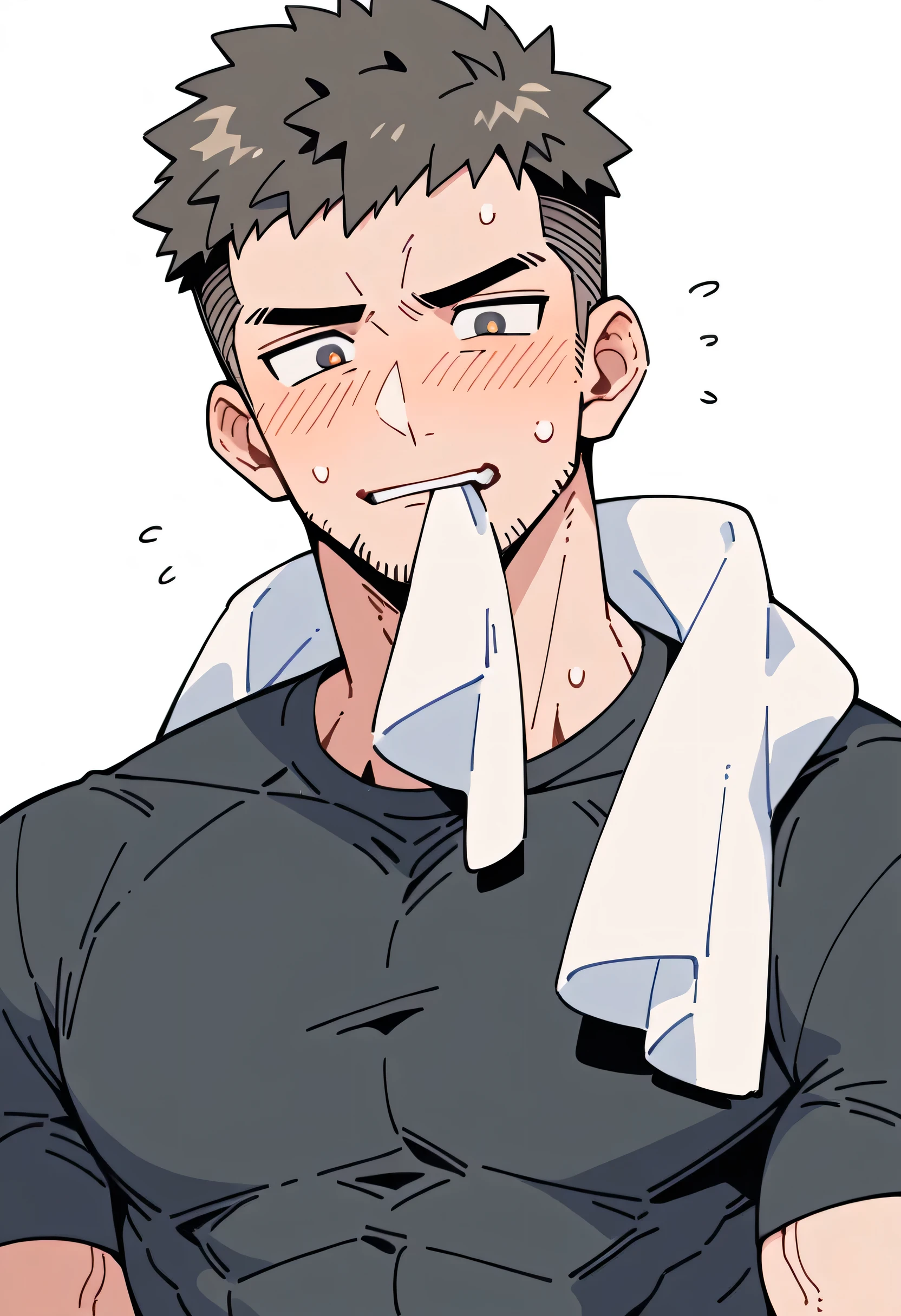 anime characters:Priapus, Muscle Sports Student, Manliness, male focus, Dark black tight T-shirt, Very tight, Sweat soaks clothes, full and perky chest muscles, muscular male, muscular, only, Upper body, Perfect muscular waist, alone, Black short hair, Thick eyebrows, stubble, Brown-red pupils, White background, simple background, amazing quality, best aesthetics, Ridiculous, crew cut, blush, mouth hold, Biting a white cotton towel in the mouth, embarrassed, shy, endured face, negative space, best quality