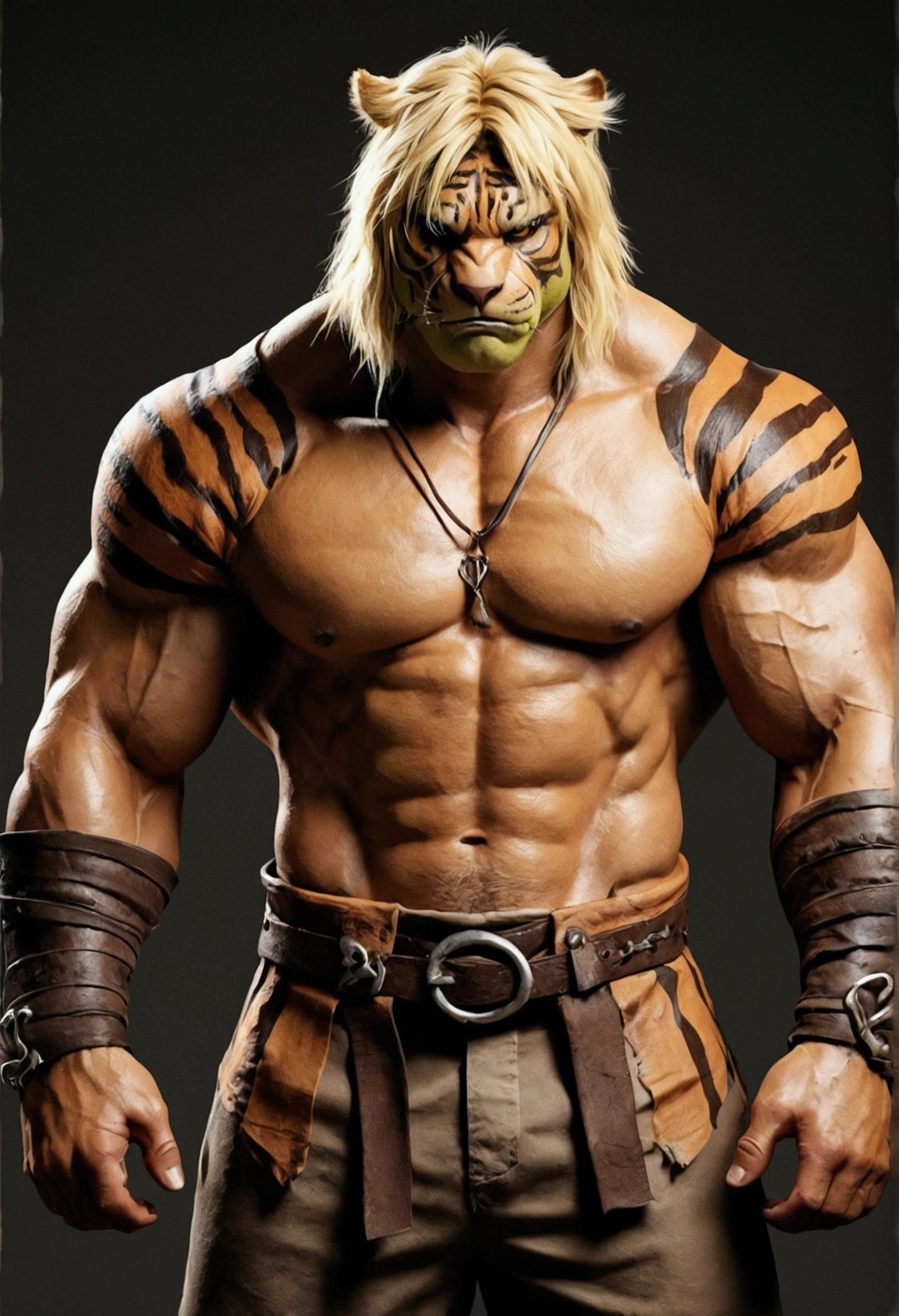 Blonde hair，Brown tiger stripes，Wear casual clothes, sad, ((sad:1.4)) , Tears, Blank Background , Warm colors，Orcs，tiger，muscle，Body hair，White belly，youth