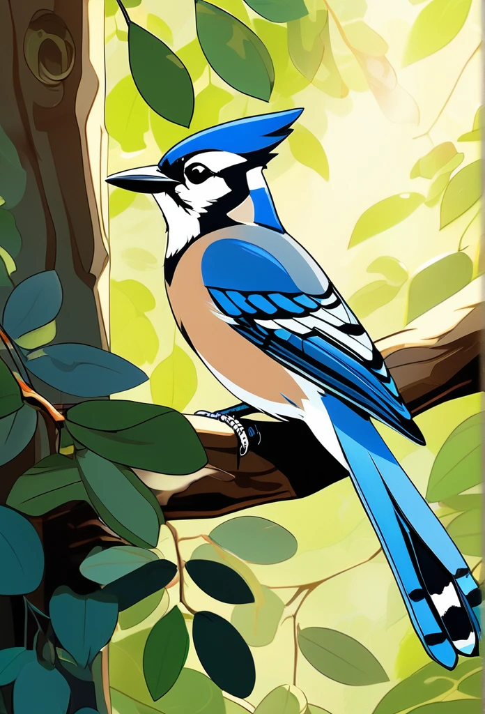 "A vibrant blue jay perched on a tree branch, surrounded by a soft background of green foliage. Sunlight filters through the leaves, highlighting the bird's bright, detailed feathers, with shades of cobalt blue and white. The blue jay's attentive gaze conveys a sense of curiosity and intelligence."