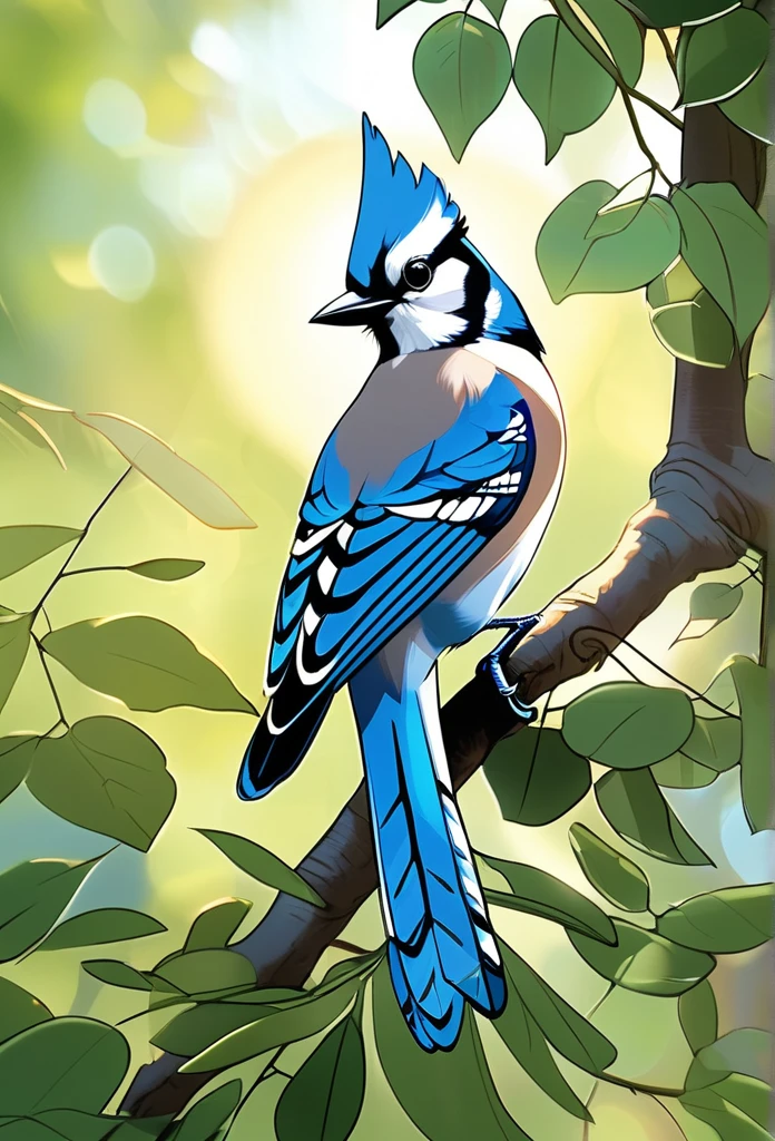 "A vibrant blue jay perched on a tree branch, surrounded by a soft background of green foliage. Sunlight filters through the leaves, highlighting the bird&#39;s bright, detailed feathers, with shades of cobalt blue and white. The blue jay&#39;s attentive gaze conveys a sense of curiosity and intelligence."