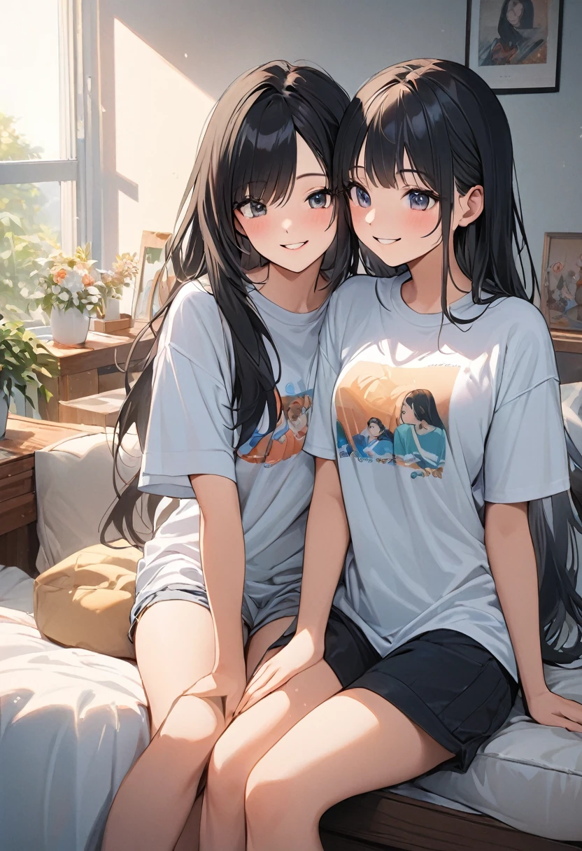 (Short-sleeved),(Boyfriend's T-shirt),(Oversized T-shirt),(Long Hair),(Black Hair),(Fashionable),(Smiling),(Girlfriend),(Woman),(In her 20s),(Home),(best quality:1.2),(master piece:1.2),(8k),(16k:1.2),(Illustration),(Best Quality:1.2),(Ultra-detailed:1.2),(top-quality:1.2),(​masterpiece:1.2)