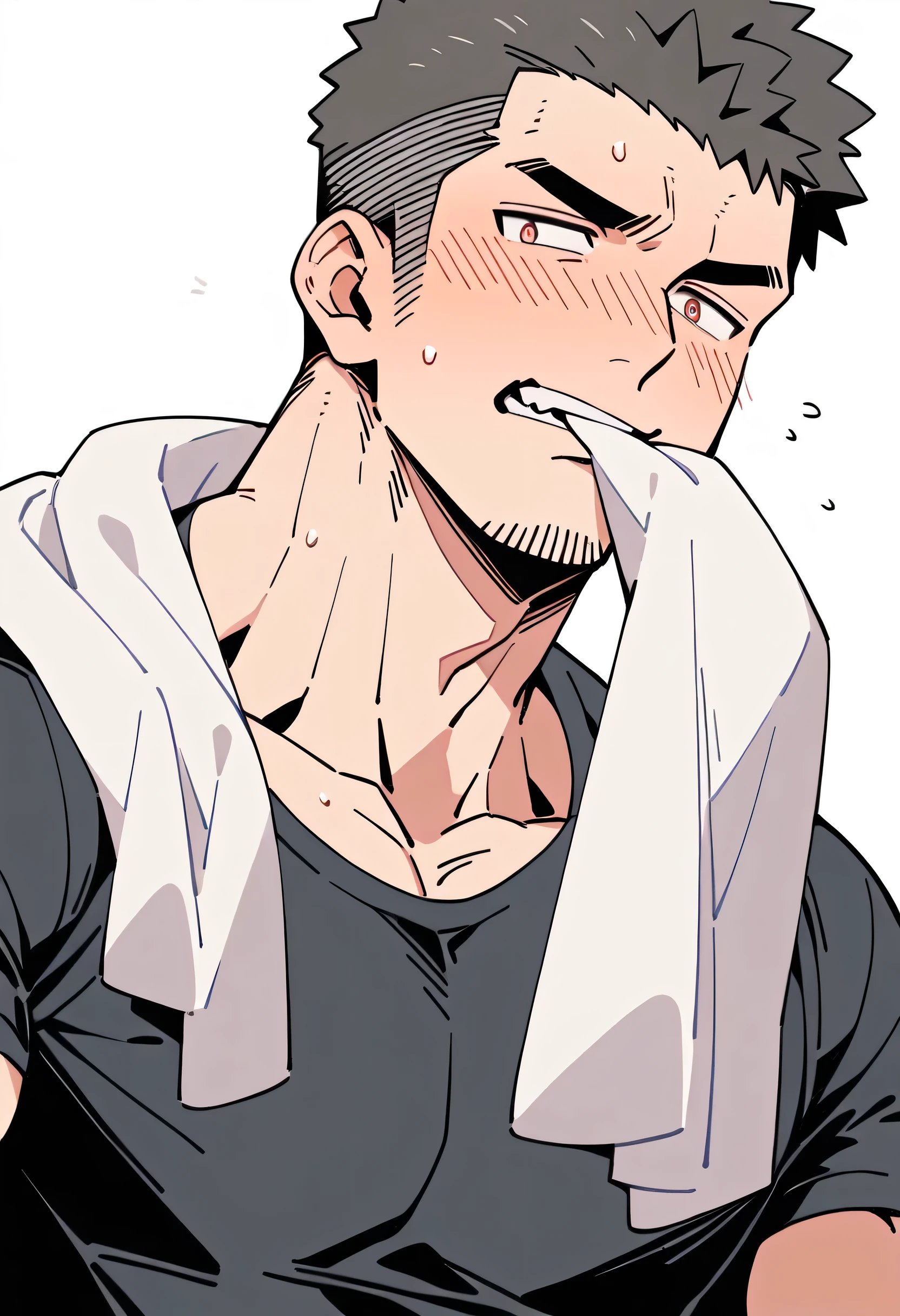 anime characters：Priapus, Muscle Sports Student, Manliness, male focus, Dark black tight T-shirt, Very tight, Sweat soaks clothes, full and perky chest muscles, muscular male, muscular, only, Upper body, Perfect muscular waist, alone, Black short hair, Thick eyebrows, stubble, Brown-red pupils, White background, simple background, amazing quality, best aesthetics, Ridiculous, crew cut, blush, mouth hold, Biting a white cotton towel in the mouth, embarrassed, shy, endured face, negative space, best quality