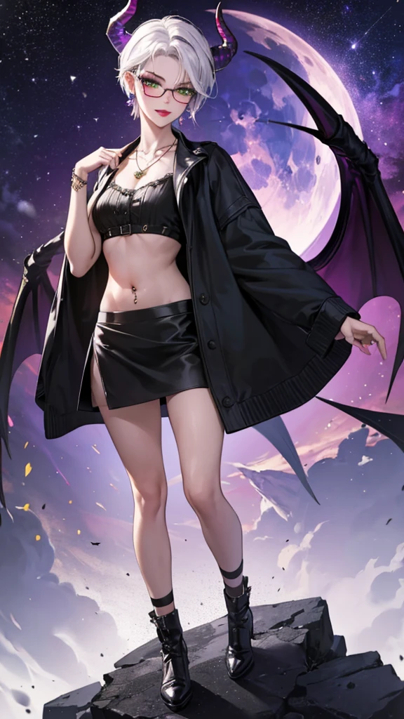8k, masterpiece, best quality, highly detailed, 1 girl, tiefling, warlock, multicolored hair, very short straight hair green highlight hair on white hair, strippled hair, wearing glasses, round glasses, earrings, navel piercing, miniskirt, red eyeshadow, long eyelashes, blushed cheek, red lips, necklace, rings, collarbone, mole, glamorous, black and green clothing, smirk, fullbody view, rings, looking at viewer, demon horns, solo, nightmarish landscape, blue pale moon, standing, cosmic horror, decaying.