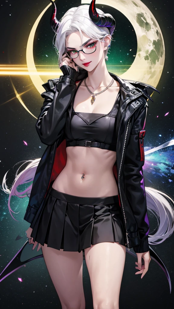 8k, masterpiece, best quality, highly detailed, 1 girl, tiefling, warlock, multicolored hair, very short straight hair green highlight hair on white hair, strippled hair, wearing glasses, round glasses, earrings, navel piercing, miniskirt, red eyeshadow, long eyelashes, blushed cheek, red lips, necklace, rings, collarbone, mole, glamorous, black and green clothing, smirk, fullbody view, rings, looking at viewer, demon horns, solo, nightmarish landscape, blue pale moon, standing, cosmic horror, decaying.