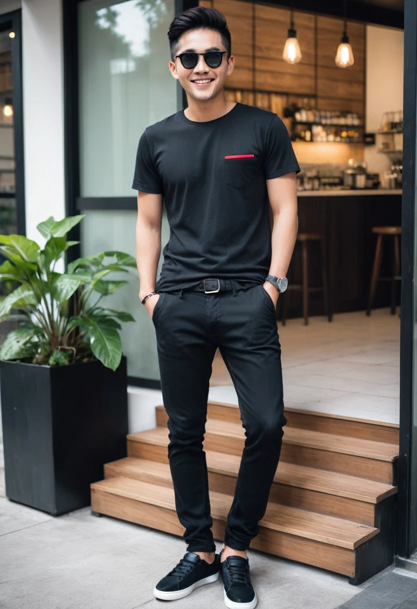 Realistic photo 1:4)) 22 year old Indonesian young man, handsome Asian from Indonesia wearing sunglasses,wearing a black t-shirt, detailed, black and red sleeves with horizontal and vertical stripes, detailed, long black jeans, wearing rebook shoes, detailed, full body appearance smiling gently, standing on the door steps of a luxury cafe, green plants, realistic details, HD 1:4 quality photography, cinematic