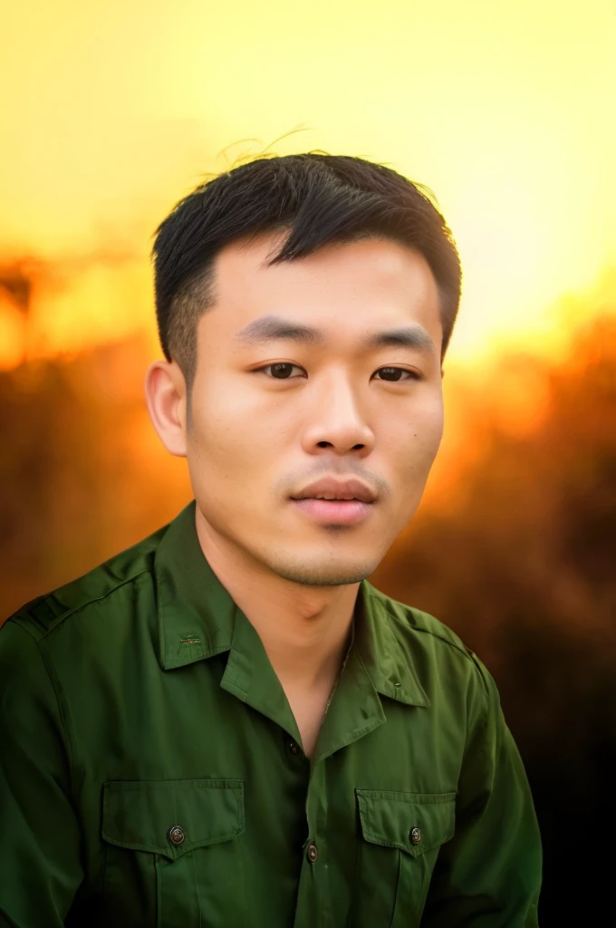 RAW photo of a 30 year old man, wearing a green Vietnamese army shirt, Asian, short black hair, real face, real skin, (photorealistic:1.4), (high detail soft skin:1.2 ), 8k uhd, dslr, soft light, high quality, grain film, Fujifilm XT