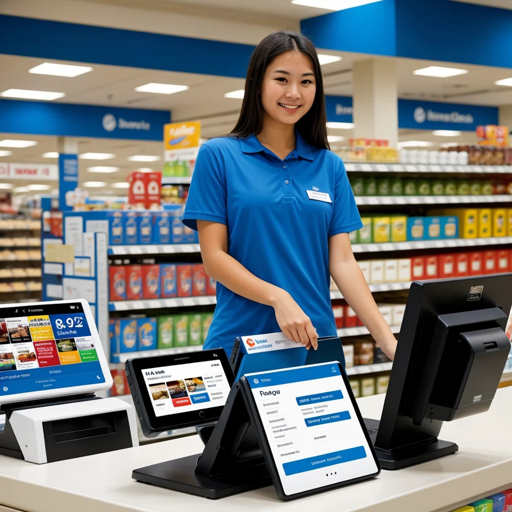 ((Best Quality)), ((Masterpiece)) An employee using the point of sale system in a store with blue backgrounds, I want the image size to be 1920x1080px, but I want the employee to have her back turned and show the point of sale, You can resize the image to be 1920x1080px, but I want the point of sale to come out, 