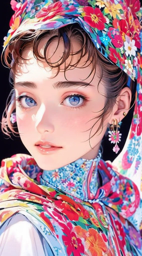cute Cyber punk 、Perfect Anatomy、Picturesque、sketch、texture、solo、Very detailed、(Fractal Art:1.1)、(Gentle colors:1.1)、(Floral:1.6)、Most detailed、(Zentangle:1.2)、(Dynamic pose)、(Abstract background:1.3)、(Glowing Skin)、(Many colors:0.8)、、(Earrings:1.4)、(feather:0.9)、Taisho romance,(masterpiece、highest quality、highest quality、Official Art、Beautiful and aesthetic:1.2)、robot