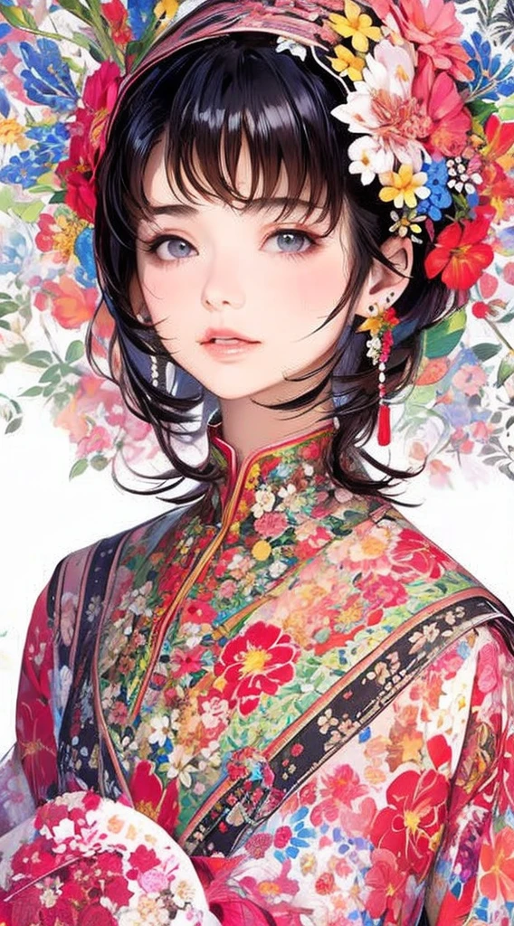 cute Cyber punk 、Perfect Anatomy、Picturesque、sketch、texture、solo、Very detailed、(Fractal Art:1.1)、(Gentle colors:1.1)、(Floral:1.6)、Most detailed、(Zentangle:1.2)、(Dynamic pose)、(Abstract background:1.3)、(Glowing Skin)、(Many colors:0.8)、、(Earrings:1.4)、(feather:0.9)、Taisho romance,(masterpiece、highest quality、highest quality、Official Art、Beautiful and aesthetic:1.2)、robot 