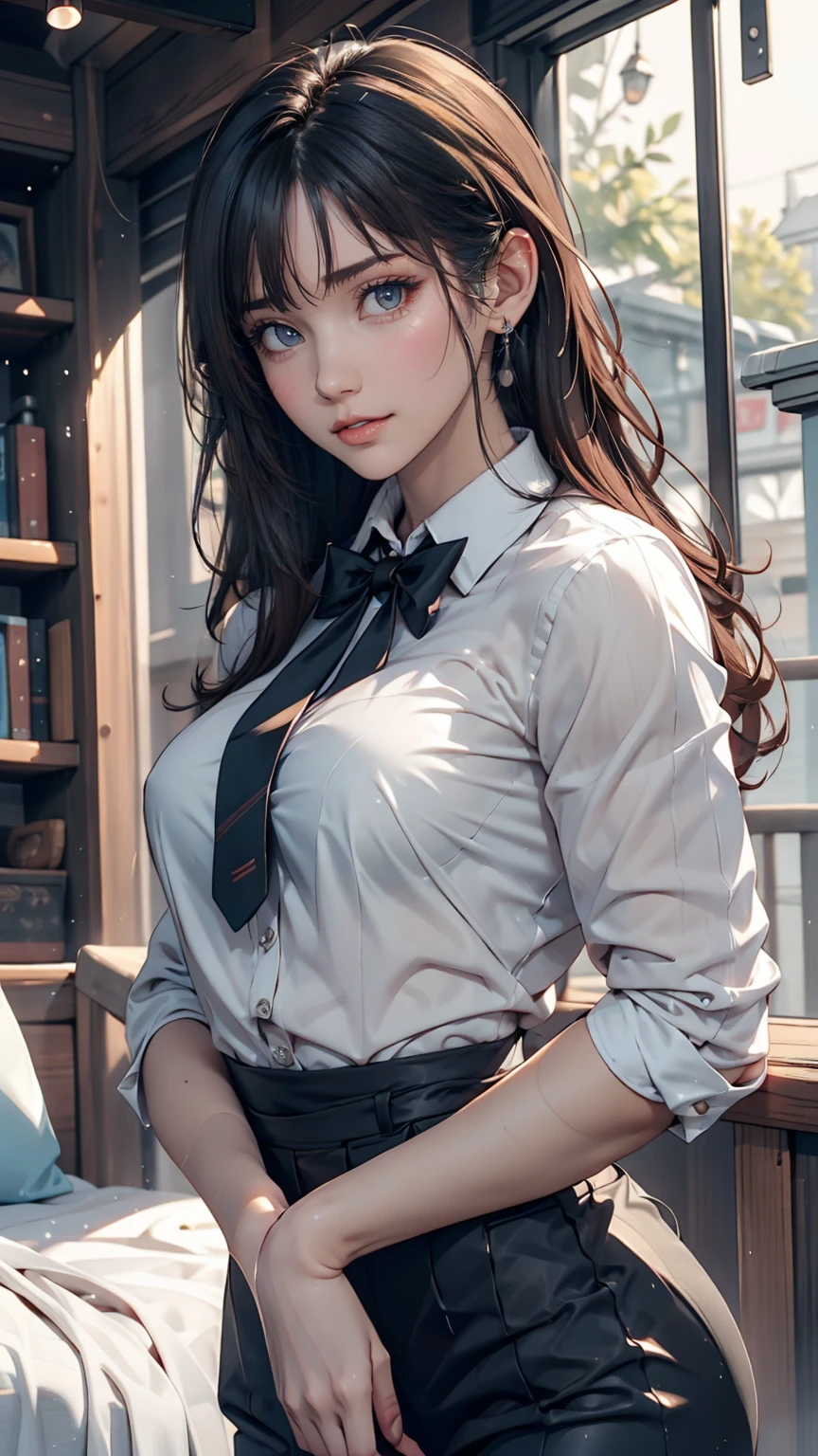 24-year-old female、Long eyelashes、pants suit、A bow tie、Tie your hair back、Narrow waist、Sheer blouse、mature female body