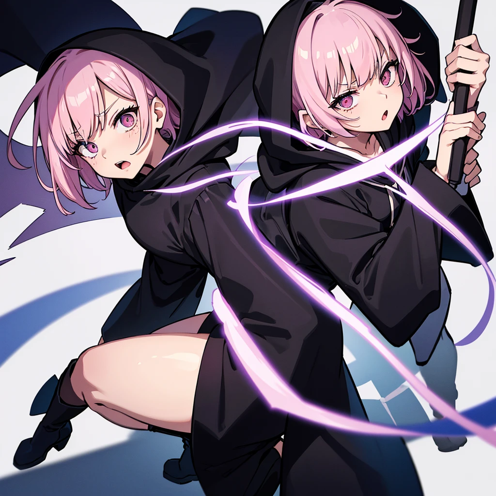 (whole body)、(From above at an angle)、(((Wearing a black hood)))、Best illustrations、Best Quality、(23 years old)、(The same face:1.1),Medieval Fantasy、Magic wand,(White Background)、(Pink Hair、Very Short Hair、Align your bangs)、(((Long sleeve、Black Robe、pants、Knee-high boots)))、Fighting stance、(get annoyed、Sweat、Open your mouth、Look at the top right)、Chased