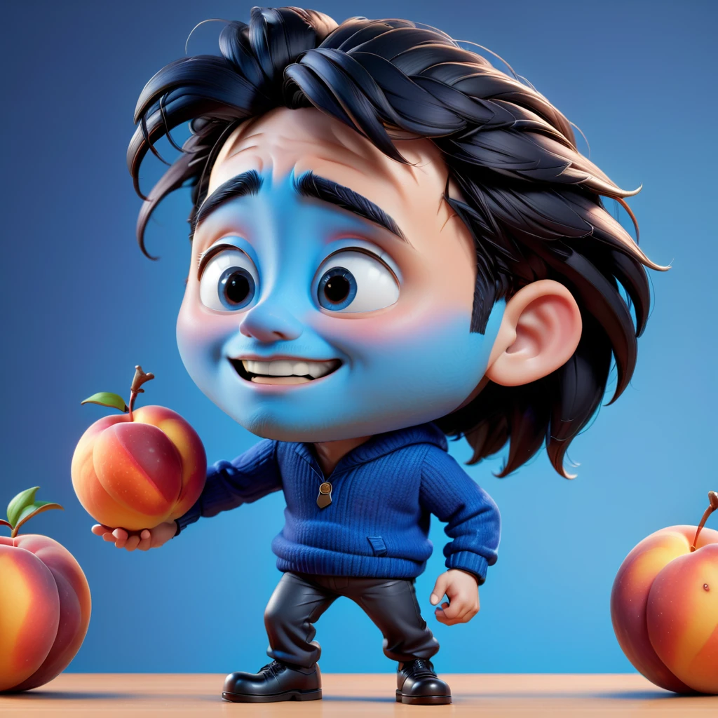 Disney pixar style 3D caricature with big head. A man with long messy black hair, thick straight black eyebrows, cheerful dark black eyes. He has a medium sized proportional nose, giving off a friendly and happy impression. wearing a blue sweater. Young peaches background. The skin and facial textures are very detailed. Disney 3D pixar style, 3D rendering, ultra realistic, UHD, best quality, colorful art, 8K