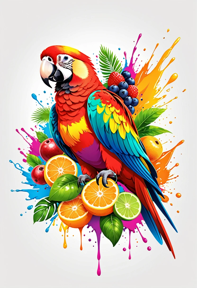 T-shirt designs, vector art, Colorful wild fruit illustration and a parrot, At the center, swirly vibrant colors, paint splashes and smears, t-shirt designs, high détail, White background
