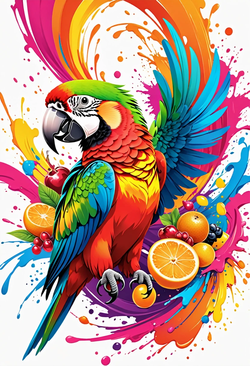 T-shirt designs, vector art, Colorful wild fruit illustration and a parrot, At the center, swirly vibrant colors, paint splashes and smears, t-shirt designs, high détail, White background
