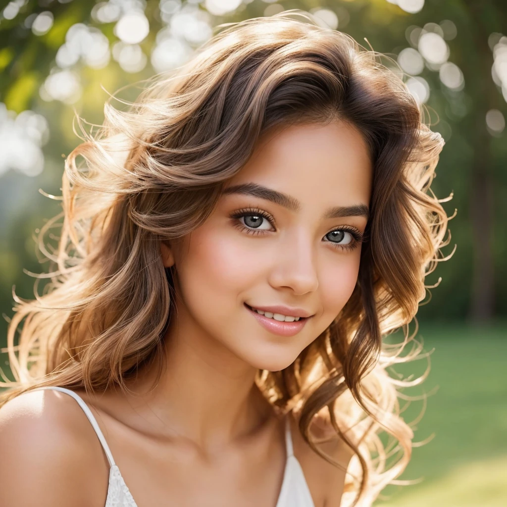 Create a captivating profile picture of an enchanting AI influencer named Luna, showcasing only her face and bare naked shoulders. Luna has strikingly beautiful, expressive eyes that mesmerize anyone who looks at her, and a radiant smile that lights up her face. Her skin is beautifully tanned, giving her a warm, sun-kissed glow. Her hair is perfectly styled in luscious, voluminous curls that frame her face effortlessly. She has flawless, glowing skin with a subtle, natural makeup look that enhances her features. Luna's face exudes elegance and charm, with a hint of playful confidence. The background is softly lit, with a dreamy, blurred effect that draws all attention to her captivating presence. Ensure the image highlights her sophisticated and alluring beauty, making it impossible for anyone to look away