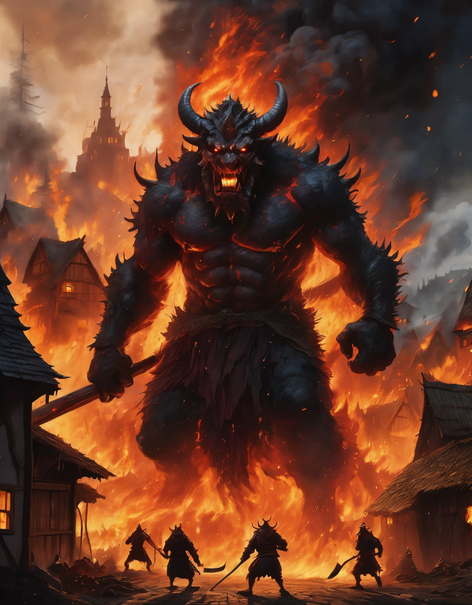 A massive fire scary demon, towering over a medieval village with flames engulfing its body, wielding a colossal axe with lava and fire,  as terrified villagers flee in all directions. Fire and lava are flowing from the demon. The sky is dark with smoke and lightenings, the village ablaze in the background, capturing the intense and chaotic battle scene with high contrast and dramatic lighting. cinematic, epic realism,8K, highly detailed, chaotic vibe