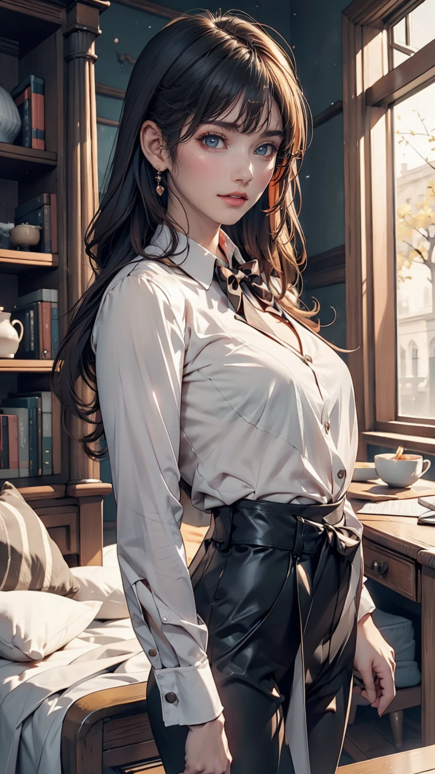 24-year-old female、Long eyelashes、pants suit、A bow tie、Tie your hair back、Narrow waist、Sheer blouse、mature female body