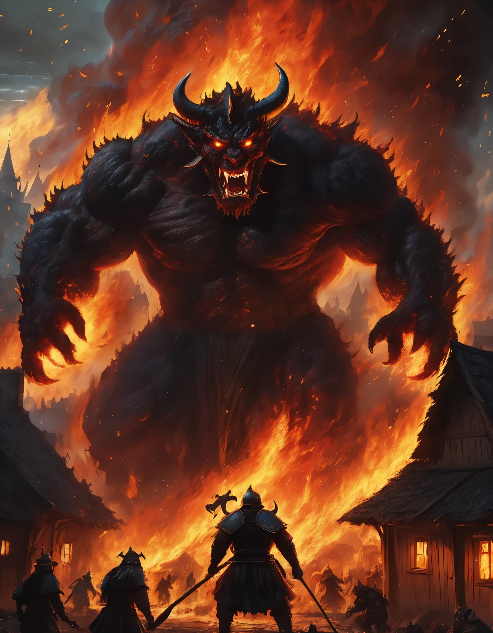 A massive fire scary demon, towering over a medieval village with flames engulfing its body, wielding a colossal axe with lava and fire, as terrified villagers flee in all directions. Fire and lava are flowing from the demon. The sky is dark with smoke and lightenings, the village ablaze in the background, capturing the intense and chaotic battle scene with high contrast and dramatic lighting. cinematic, epic realism,8K, highly detailed, chaotic vibe
