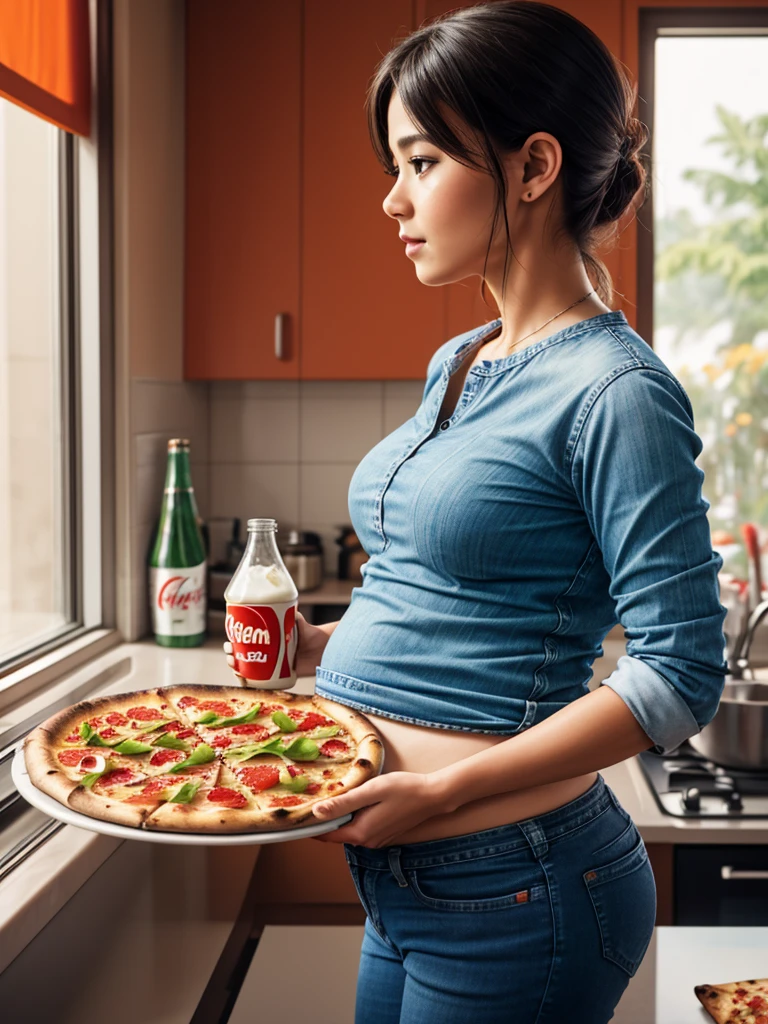 CGI image of a side view person with a glass baby belly. Wear jeans and an orange shirt. Inside you see the food you eat: cow, fish, spaghetti, vegetables, Coke, pizza, milk, blurry backgroundFujifilm D55 film. Lens: 50mm f/1.8 --ar 3:4 --Raw style --250 style --iw 0.5UHD
Realistic image "Natural landscape"