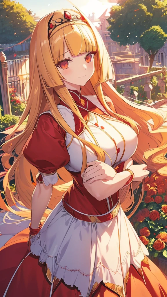 best quality, extremely detailed,anime style girl,((wavy)) long hair,((((blunt bangs)))),(hair between eyes),((bright blond hair)),beautiful detailed eyes,Orange eyes,Sharp eyes with many eyelashes,huge breasts,(((scarlet princess dress))),((trousers)),Complicated pattern,hair ornament,((garden in daytime)),smile,dynamic angle