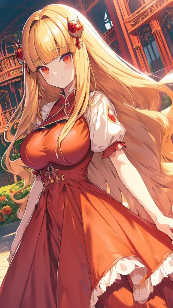best quality, extremely detailed,anime style girl,((wavy)) long hair,((((blunt bangs)))),(hair between eyes),((bright blond hair)),beautiful detailed eyes,Orange eyes,Sharp eyes with many eyelashes,huge breasts,(((scarlet princess dress))),((trousers)),Complicated pattern,hair ornament,((garden in daytime)),smile,dynamic angle