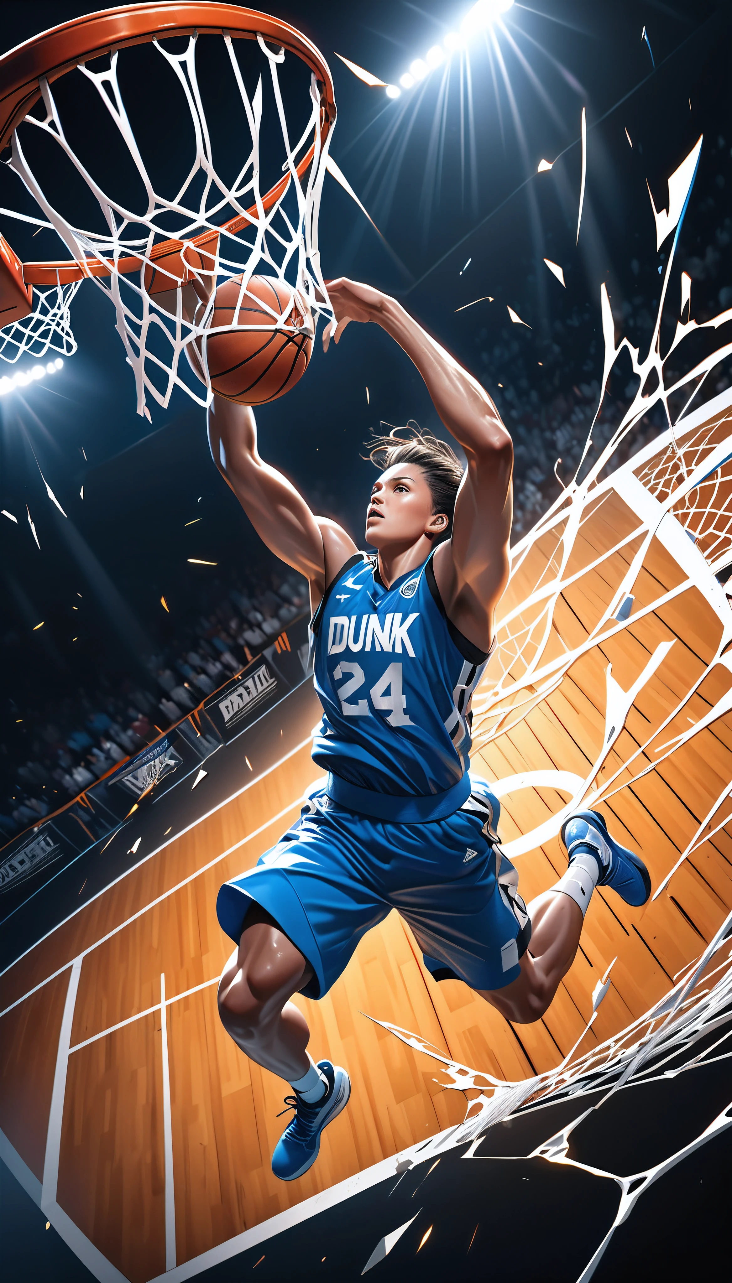 (A decisive game-winning dunk, a basketball player soaring high above the hoop, dunking the ball with both hands, detailed and accurate sports motion,extremely detailed and dynamic dunk shot, professional spray artwork, detailed and intricate texture and brushwork, clear depiction, absurd aesthetics, a single ball passing through the net, the athlete hanging from the swinging ring, the breakable backboard shattering, realistic athlete, dynamic shot from above, dark background with dramatic cinematic lighting, best quality, 8k, photorealistic, highly detailed)