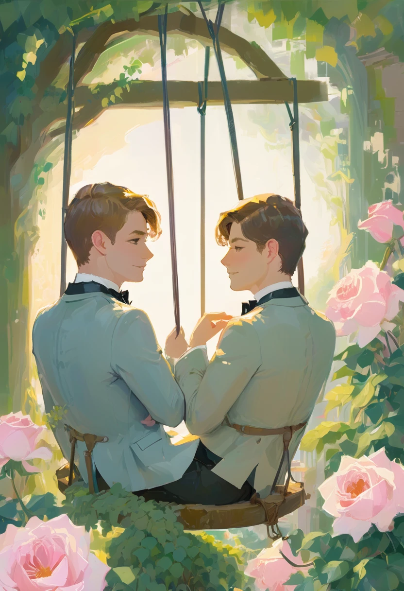 oil painting of handsome  gay couple of hunk irish mens with a wedding suits,cuddling,in a beautiful rose swing,morning bright, warm vibrant,by beatrix potter,soft shadows,dreamy,etheral atmosphere,masterpiece,baroque,masterpiece,sharp details,massive level of details,trending on pinterest,
