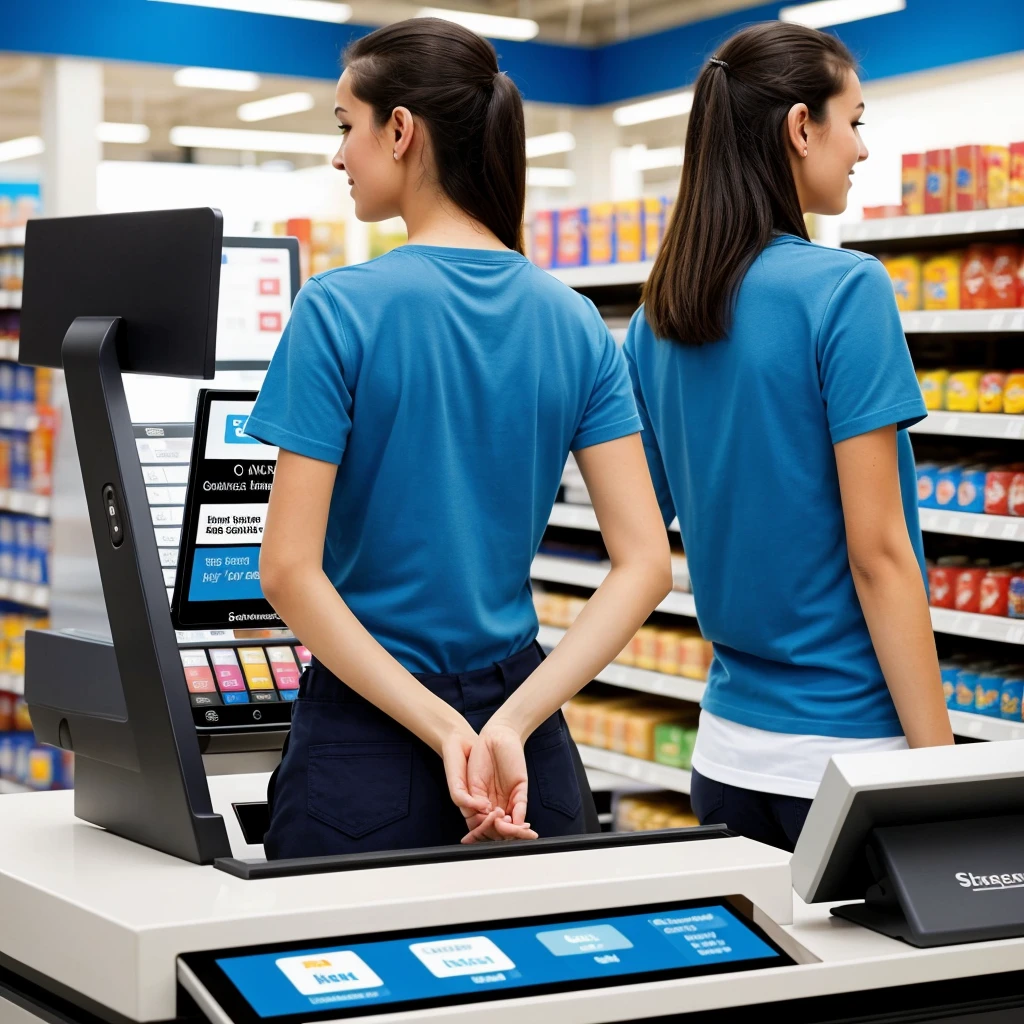 ((Best Quality)), ((Masterpiece)) An employee using the point of sale system in a store with blue backgrounds, I want the image size to be 1920x1080px, but I want the employee to have her back turned and show the point of sale, You can resize the image to be 1920x1080px, but I want the screen to be visible and the girl to be behind it