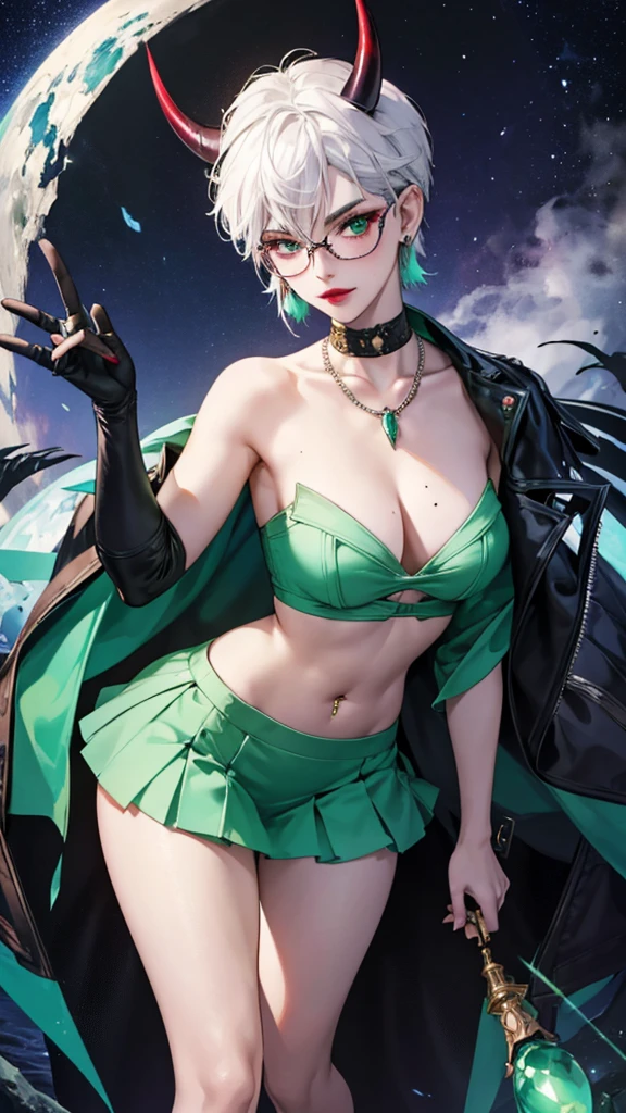 8k, masterpiece, best quality, highly detailed, 1 girl, tiefling, warlock, multicolored hair, very short straight hair green highlight hair on white hair, strippled hair, wearing glasses, round glasses, earrings, navel piercing, miniskirt, red eyeshadow, long eyelashes, blushed cheek, red lips, necklace, rings, collarbone, mole, glamorous, pale green clothing, smirk, fullbody view, rings, looking at viewer, demon horns, solo, nightmarish landscape, blue pale moon, standing, cosmic horror, decaying.
