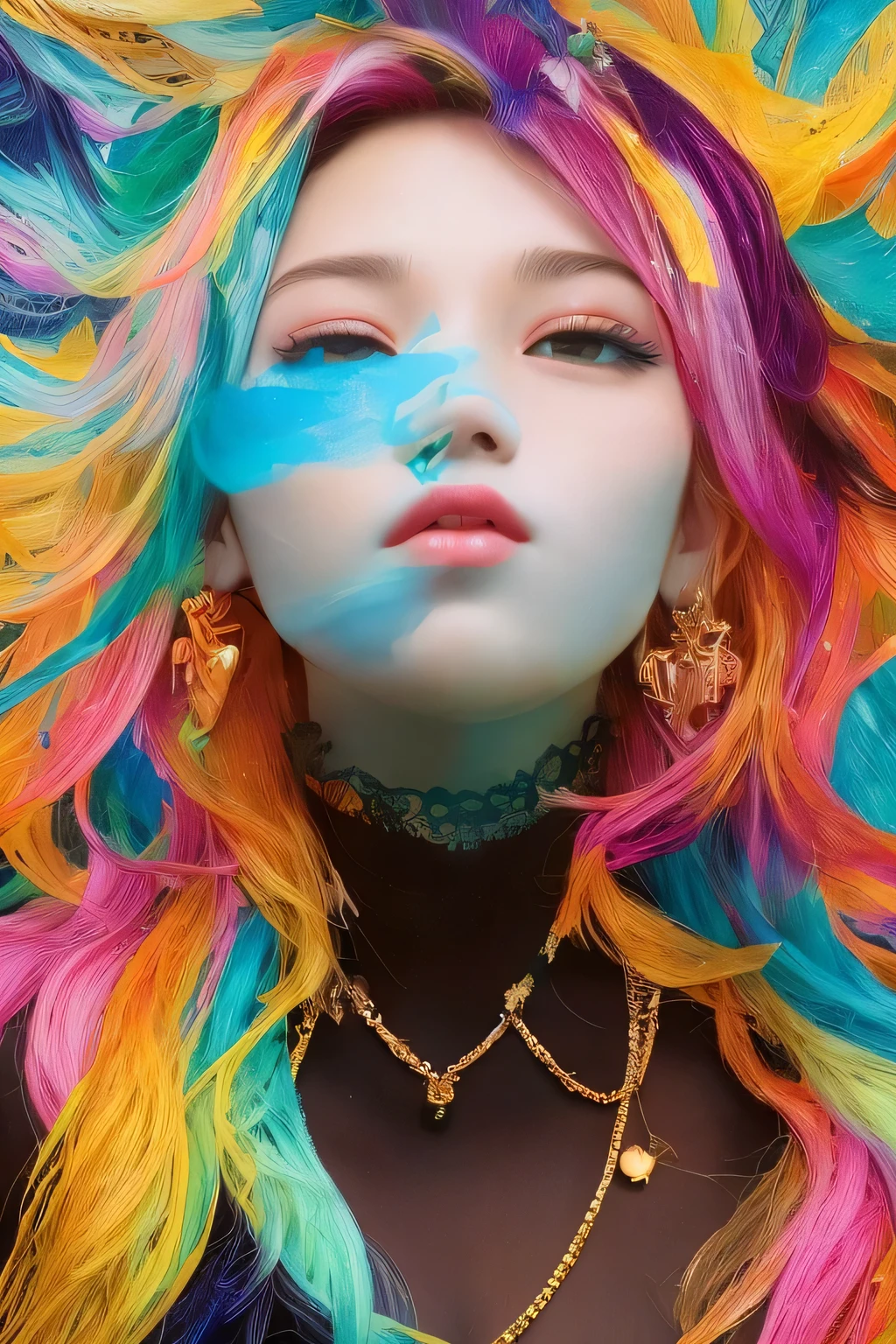 Chinese woman, face close-up, soaring female figure made of ribbons, smoke, in the sky, colorful and bright, mystical colors, modern impressionism, portraiture Yanjun Cheng, iridescent painting, 3/4 perspective view, cute face, low angle, wide swirling composition, big beautiful crystal eyes, large iris, UHD, HDR, 8K, (Masterpiece: 1. 5), (World's most beautiful portrait: 1.5)