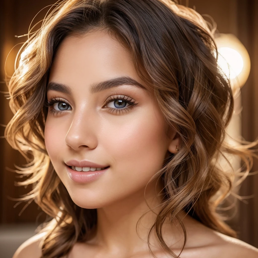 Create a naked captivating profile picture of an enchanting AI influencer named Luna, showcasing only her face and bare naked shoulders. Luna has strikingly beautiful, expressive eyes that mesmerize anyone who looks at her, and a radiant smile that lights up her face. Her skin is beautifully tanned, giving her a warm, sun-kissed glow. Her hair is perfectly styled in luscious, voluminous curls that frame her face effortlessly. She has flawless, glowing skin with a subtle, natural makeup look that enhances her features. Luna's face exudes elegance and charm, with a hint of playful confidence. The background is softly lit, with a dreamy, blurred effect that draws all attention to her captivating presence. Ensure the image highlights her sophisticated and alluring beauty, making it impossible for anyone to look away
