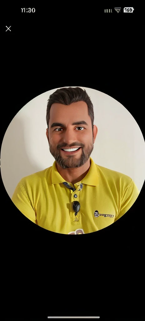 man smiling ,Bblack hair, unshaven beard. no piss art style, yellow polo shirt