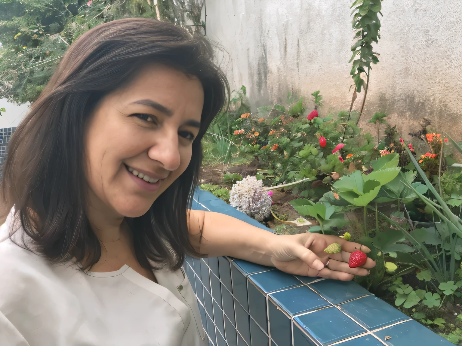 smiling woman holding a strawberry in her hand near a garden, in sao paulo, fernanda suarez, by Samuel Silva, inspired by Maria Helena Vieira da Silva, by Nándor Katona, 3 5 year brazilian mother, caroline gariba, magda torres gurza, sao paulo, malika favre, by Almada Negreiros