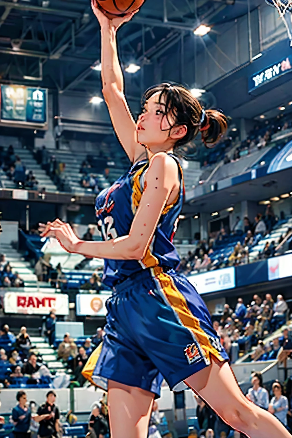 ((Female Basketball Player))、Young and beautiful girl、美しい顔のdetailedな描写、alone、(The moment the slam dunk is decided:1.4)、(Dunk Shot:1.4)、(Jumping Chute:1.4)、(Goal Post)、Close-up、Motion Blur、Dynamic Angle、stadium lighting、Blur the background、8Kdetailed、(detailed、masterpiece、Highest quality)、