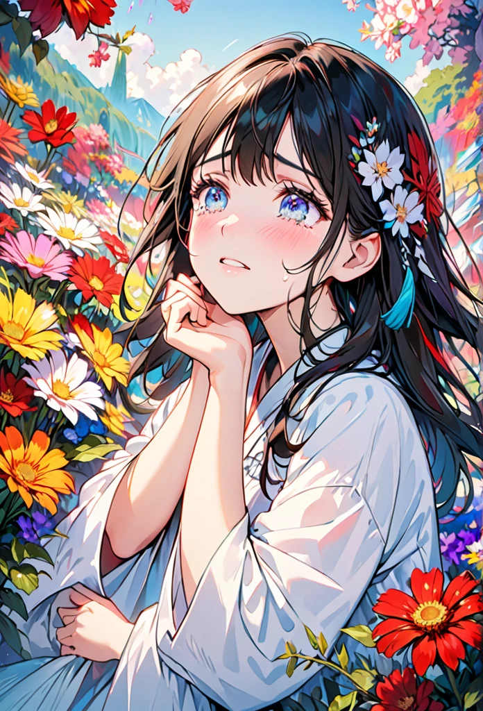 Beautiful girl cried,tears streaming down her cheeks,Lots of tears,eyes very focused,surrounded by beautiful flowers,Bright and vivid colors,high saturation,8K,Super fine,Rich details,A masterpiece of extreme detail,high quality