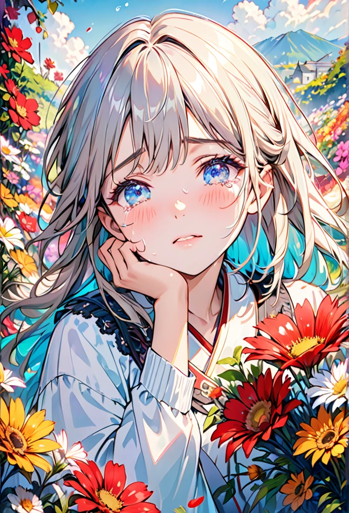 Beautiful girl cried，tears streaming down her cheeks，Lots of tears，eyes very focused，surrounded by beautiful flowers，Bright and vivid colors，high saturation，8K，Super fine，Rich details，A masterpiece of extreme detail，high quality