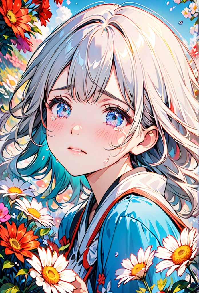 Beautiful girl cried，tears streaming down her cheeks，Lots of tears，eyes very focused，surrounded by beautiful flowers，Bright and vivid colors，high saturation，8K，Super fine，Rich details，A masterpiece of extreme detail，high quality