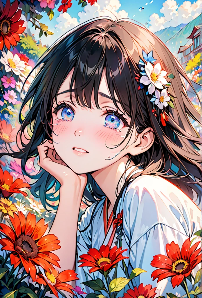 Beautiful girl cried,tears streaming down her cheeks,Lots of tears,eyes very focused,surrounded by beautiful flowers,Bright and vivid colors,high saturation,8K,Super fine,Rich details,A masterpiece of extreme detail,high quality
