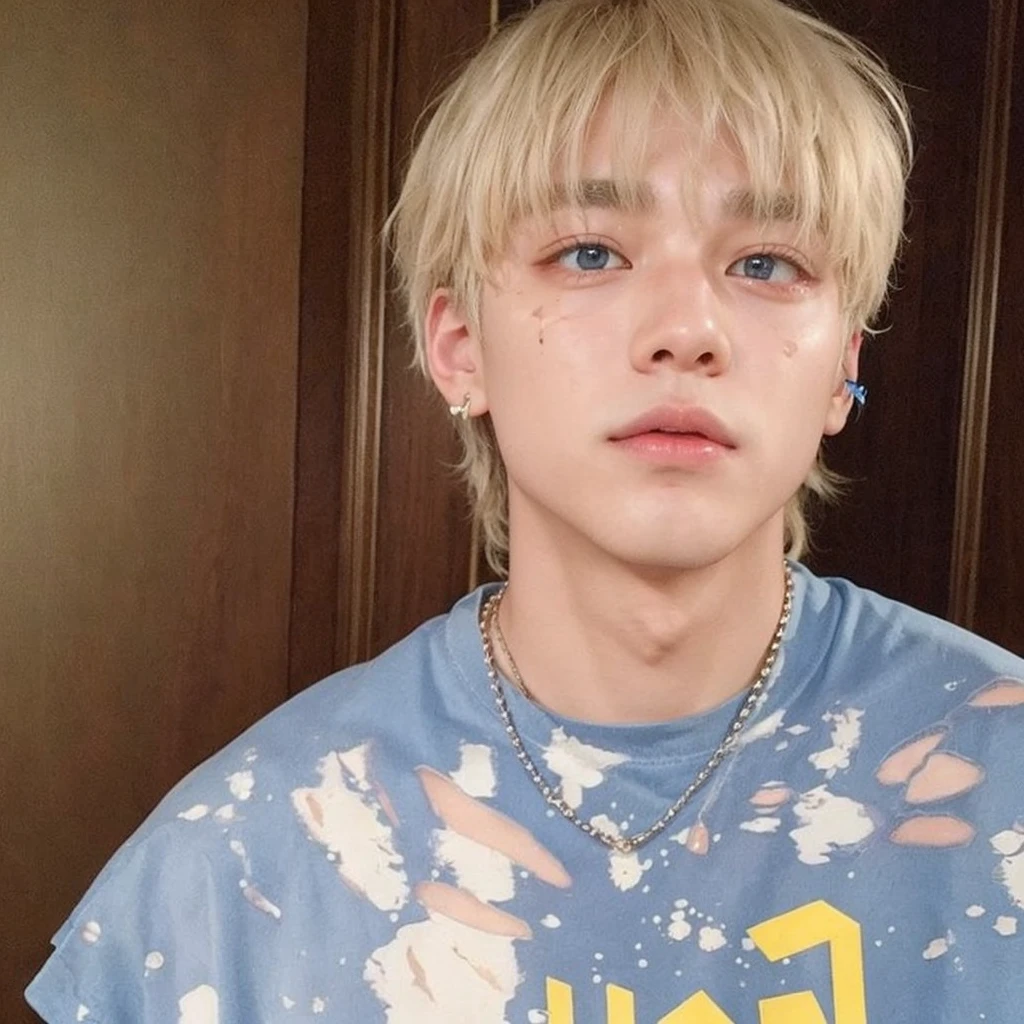 Taehyung BTS, one eye green and the other blue, Caucasian skin, hair blonde, solution principle, vitiligo mark on the eye