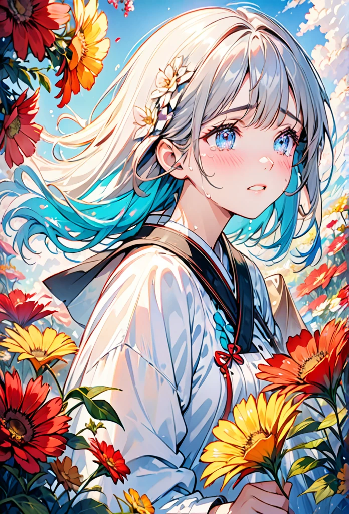 Beautiful girl cried,tears streaming down her cheeks,Lots of tears,eyes very focused,surrounded by beautiful flowers,Bright and vivid colors,high saturation,8K,Super fine,Rich details,A masterpiece of extreme detail,high quality